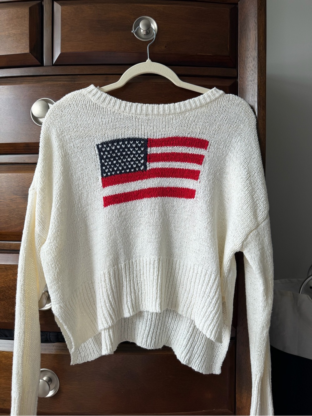 moon & madison Cream Flag Knit Sweater with Red and Navy Accent